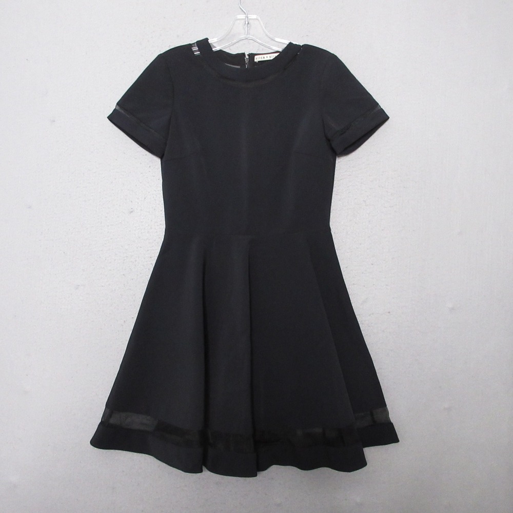 Alice + Olivia Dress 6 Black Frances Flared Mini Mesh Trim Preppy Classic Style
